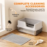 PawHut Bac Litière pour Chat en INOX Couvercle Bords Hauts Pelle et Tapis Anti-Adhérent Anti-Odeurs 60x40x30cm Gris Clair(m-4)