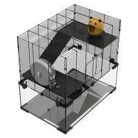 PawHut Cușcă pentru Hamsteri cu 3 Niveluri, Roată, Rampe și Bază Detașabilă, 60x40x57cm, Negru(m-8)