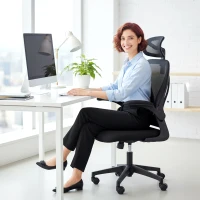 HOMCOM Scaun de Birou Ergonomic cu Brațe Rabatabile, Suport Lombar și Tetieră Reglabilă, Negru(m-9)