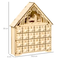 HOMCOM Calendrier de l'Avent à remplir en bois, décoration de Noël avec 24 tiroirs et 5 lumières LED, 26,6x6x30cm, bois naturel(m-3)