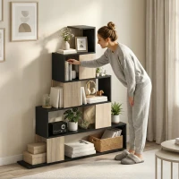 HOMCOM Étagère de rangement, bibliothèque géométrique à 5 niveaux, pour bureau, salon, chambre, noir et bois naturel(m-9)