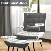 HOMCOM Accent Chair with Footstool Set, Tufted Upholstered Armless Lounge Chair with Pillow and Steel Legs for Living Room, Bedroom, Grey(m-14)