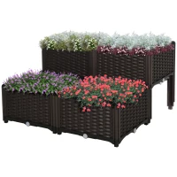 Outsunny Juego de 4 Jardineras de Exterior Cuadradas Imitación a Mimbre Combinación Libre para Jardín Patio 40x40x26/44 cm Marrón(m-12)