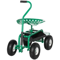 Outsunny Asiento de Jardín con Ruedas Asiento Giratorio y Ajustable en Altura Bandeja de Herramientas Cesta para Exterior Verde(m-11)