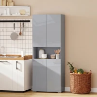 HOMCOM 180 cm Tall Kitchen Cupboard, Pantry Storage Cabinet with Soft Close Doors and Adjustable Shelves, High Gloss Grey(m-10)