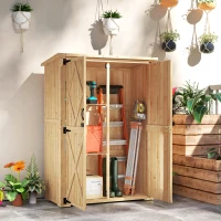 Outsunny Abrigo de armazenamento para jardim, casinha de madeira para ferramentas e equipamentos de jardim, telhado de betume, portas duplas, madeira de abeto, castanho claro(m-2)