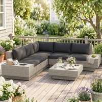 Outsunny 4 PCs Rattan Garden Furniture Outdoor Sectional Corner Sofa and Coffee Table Set - Conservatory Wicker Weave Furniture with Armrest and Cushions, Light Grey(m-8)