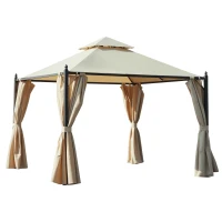 Outsunny Gazebo de Grădină 3x3m cu 4 Perdele Laterale și Acoperiș Dublu Bej(m-13)