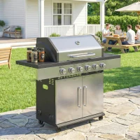 Outsunny 6 Burner Liquid Propane Gas BBQ Grill, Outdoor Portable Gas Barbecue Grill with Warming Rack, Side Tables, Cabinet(m-9)