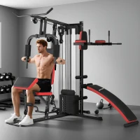 SPORTNOW Station Multi Gym avec Poids de 65 kg, Équipement de Musculation avec Banc pour Abdominaux, Noir et Rouge(m-10)