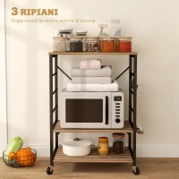 HOMCOM Scaffale da Cucina a 3 Livelli Stile Industriale con Ruote e 4 Ganci, Struttura in Acciaio, 60x40x84 cm, Teak(m-3)