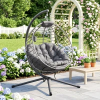 Outsunny PE Rattan Swing Chair, Outdoor Hanging Chair with Metal Stand, Thick Padded Cushion, Foldable Basket and Cup Holder, for Indoor and Outdoor, Grey(m-9)