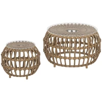Outsunny 2er Set Beistelltisch Polyrattan Ø66/42 cm rund wetterfest Gartentisch mit Glasplatte Braun(m-12)