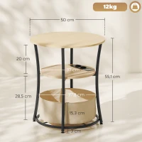 HOMCOM Mesa Auxiliar Redonda de 3 Niveles con Estación de Carga 3 Estantes y Bolsa para Salón Dormitorio Ø50x55,1 cm Natural(m-3)