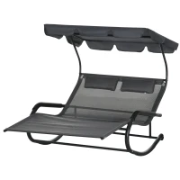 Outsunny Chaise longue double avec toit solaire appui-têtes bain de soleil à bascule ergonomique 2 roues 200 x 139 x 140 cm noir(m-12)