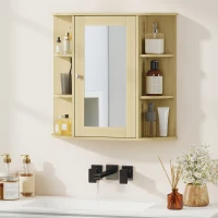 HOMCOM Armario de Baño con Espejo Armario de Pared con Estantes Abiertos 66x17x63 cm Natural(m-2)