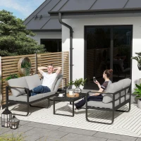 Outsunny Gartenmöbel-Set, 2-Sitzer-Sofa, 3-Sitzer-Sofa, Couchtisch, rostfreier Metallrahmen, Terrassenmöbel, Grau(m-10)