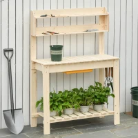 Outsunny Banco da Lavoro per Giardinaggio in Legno Naturale con Vaschetta Integrata, Mensole e Ganci 100x40x140cm(m-10)