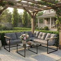 Outsunny Conjunto de Jardín Exterior con Cojines Gruesos 2 Sofás de 2 Plazas Sofá de Esquina y Mesa de Centro de Vidrio Gris(m-2)