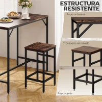 HOMCOM Mesa Alta de Cocina con 4 Taburetes Industrial Reposapiés Ahorro de Espacio para Espacios Reducidos Marrón Rústico(m-5)