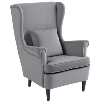 HOMCOM Modern Accent Chair with High Backrest and Pillow, Velvet-Feel Fabric Reading Chair with Solid Wood Legs, Grey(m-11)