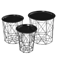 HOMCOM Juego de 3 Mesas Auxiliares Apilables Cestas de Metal con Bandeja Extraíble y Espacio de Almacenamiento Estilo Moderno para Salón Sofá Diámetro Ø43 Ø35 y Ø30 Negro(m-11)