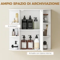 HOMCOM Specchio Bagno Contenitore con 6 Ripiani Aperti e 2 Chiusi, 66x17x63 cm Mobile Bagno con Specchio, Mobilettto da Parete in Vetro, Bianco(m-4)