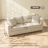 HOMCOM Sofá de 3 Plazas Tapizado en Pana con 2 Almohadas Reposabrazos y Cojín de Muelles para Salón 212x80x88 cm Crema(m-3)