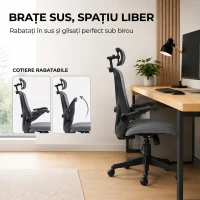 HOMCOM Scaun de Birou Ergonomic cu Tetieră 2D, Cotiere 3D, Înălțime Reglabilă, Mesh Respirabil, Gri Închis(m-5)