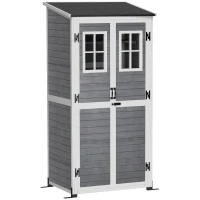 Outsunny Abrigo de armazenamento para jardim, abrigo de ferramentas com 2 janelas, estacas para base, telhado em betume, 91 x 69 x 192 cm, madeira de pinho, Cinzento claro(m-1)