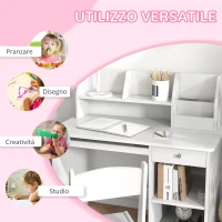 ZONEKIZ Banco Scuola e Sedia per Bambini da 5-8 Anni con Scaffale e Mensola Estraibile in Legno Bianco(m-5)