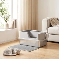 PawHut Bac Litière pour Chat en INOX Couvercle Bords Hauts Pelle et Tapis Anti-Adhérent Anti-Odeurs 60x40x30cm Gris Clair(m-9)