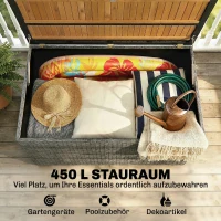 Outsunny Gartenbox 450 L Polyrattan wasserdicht Auflagenbox mit FSC-Holz-Deckel Gasdruckfedern Innenfutter(m-5)