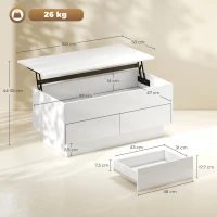 HOMCOM Mesa de centro elevável, mesa de sala com compartimento oculto e 2 gavetas, 100 x 50 x 44 cm, branco(m-3)