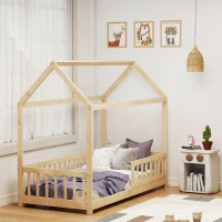 HOMCOM House-Shaped Kids Bed Frame with Guard Rails, Solid Pine Wood Single Bed Frame for Kids Boys and Girls, Natural(m-10)
