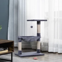 PawHut Tiragraffi per Gatti Multilivello con Amaca e Pallina, Legno e Peluche, 50x36x70cm, Grigio(m-10)