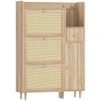 HOMCOM Zapatero con 3 Cajones Abatibles con Frentes de Ratán Cajón y Armario para Decoraciones y Llaves 80x23x120 cm Roble(m-1)