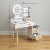 HOMCOM Tocador con Espejo y Luces LED Ajustables con 5 Cajones 4 Compartimentos y 1 Estante 100x44x137 cm Blanco y Natural(m-3)