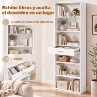 HOMCOM Estantería para Libros Alta y Estrecha Librería de 7 Niveles con Cajón 6 Compartimentos Abiertos 60x24x182 cm Blanco(m-4)
