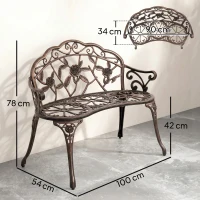 Outsunny Gartenbank 2-Sitzer aus Metall, Sitzbank im Retro Stil, Parkbank mit Blumenmuster 100 x 54 x 78 cm, Bronze(m-3)