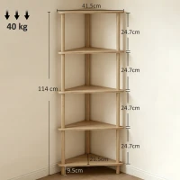 HOMCOM Bamboo Storage Shelf, 5-tier Corner Shelf, Freestanding Shelving Unit for Living Room, Home Office, Natural Wood Finish(m-3)
