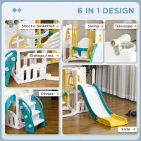 AIYAPLAY 6-in-1 Swing and Slide Set, Kids Playground with Basketball Hoop, Telescope, Storage Space - Yellow(m-4)