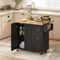 HOMCOM Kitchen Island on Wheels, Rolling Kitchen Storage Trolley with Drop Leaf, Drawers, Towel and Spice Rack, Black(m-2)