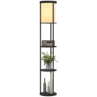 HOMCOM Lâmpada de pé com 3 prateleiras, design redondo, controlo remoto, interruptor de pé, temperatura de luz ajustável, para sala de estar, Preto(m-7)