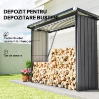 Outsunny Adăpost pentru Lemne Exterior, Oțel Galvanizat cu Bază Ridicată, 213x66,5x150 cm, Gri Închis(m-4)