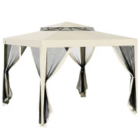 Outsunny Carpa de Jardín 3x3 m Cenador Gazebo con 4 Mosquiteras Laterales Techo Doble 8 Orificios de Drenaje Marco de Metal Beige(m-1)