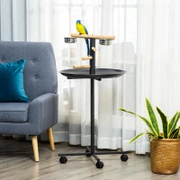 PawHut Poleiro para Papagaio Comedouro para Pássaros de Pé 4 Rodízios 2 Comedouros em Aço Inoxidável Ø60x111 cm Cinza(m-6)