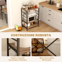 HOMCOM Scaffale da Cucina a 3 Livelli Stile Industriale con Ruote e 4 Ganci, Struttura in Acciaio, 60x40x84 cm, Teak(m-6)