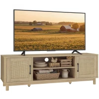 HOMCOM Meuble TV 135 cm, meuble télé pour téléviseur jusqu'à 65 pouces avec 2 portes en rotin, 2 compartiments ouverts, chêne(m-12)