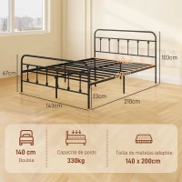 HOMCOM Cadre de lit 140 x 200 cm 2 personnes en acier sommier à lattes tête de lit et pied de lit rangement sous le lit noir(m-3)